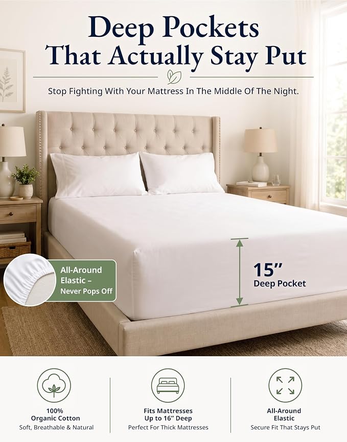LANE LINEN Fitted Sheet Full Size, 100% Organic Cotton, 3-Piece Set (1 Fitted Sheet, 2 Pillowcases) Percale Weave, Bed Fitted Sheets, Breathable, Fits Mattress Upto 15" Deep - White (No Flat Sheet)