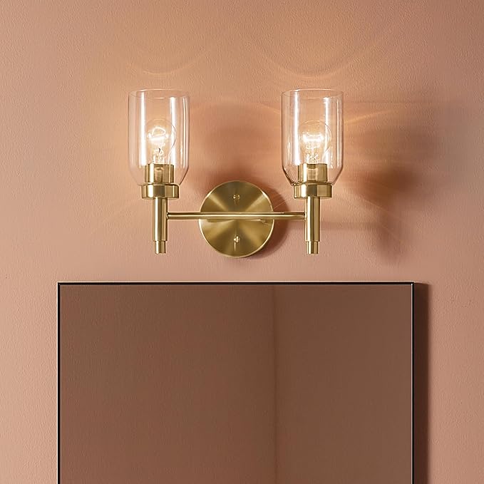 Kichler Madden 2-Light Bathroom Vanity Light Fixture with Clear Glass Shades, Modern Wall Mount Lighting in Champagne Bronze for Single or Double Vanity (10.5" x 14.25"), 55184CPZ