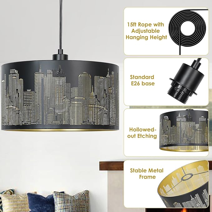 Qingmiao Plug in Pendant Light, Hanging Lamp Plug in with LED Bulb, 3-Way Dimmable Hanging Light Fixture for Living Room Bedroom Kitchen Ceiling Farmhouse Home Decor