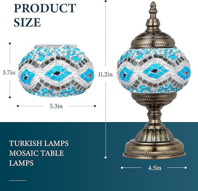 Marrakech Tiffany Lamp Morrocan Table Lamp with Vintage Style, Handmade Turkish Mosaic Lamps with Bronze Base Including LED Bulb for Living Room Bedroom Decor (Blue)