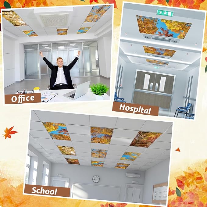 12 Pcs Fluorescent Light Covers with 120 Magnets Decorative for Classroom Ceiling Light 4 x 2 Ft Magnetic Light Covers Filter Easy Install for Office Hospitals Home Drop Ceiling Supplies (Fall Forest)