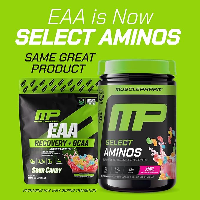 MusclePharm Select Amino's EAA + BCAAs, Post Workout Essential Amino Acids Powder, Pre Workout Energy Supplement for Men & Women with Branched Chain Amino Acids, 30 Servings (Sour Candy)
