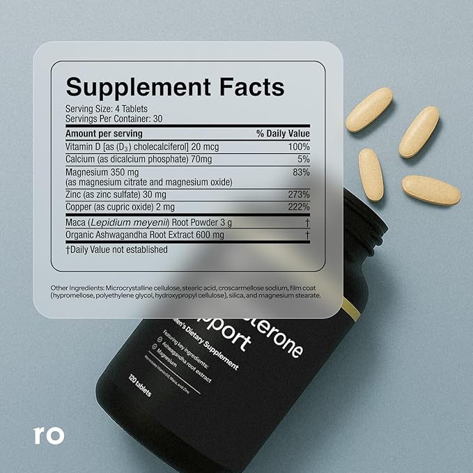 Ro Testosterone Support for Men | Daily Nutritional Supplement with Ashwagandha to Support Healthy Testosterone Levels and Magnesium to Promote Muscular Health | 2-Pack (240 Tablets)