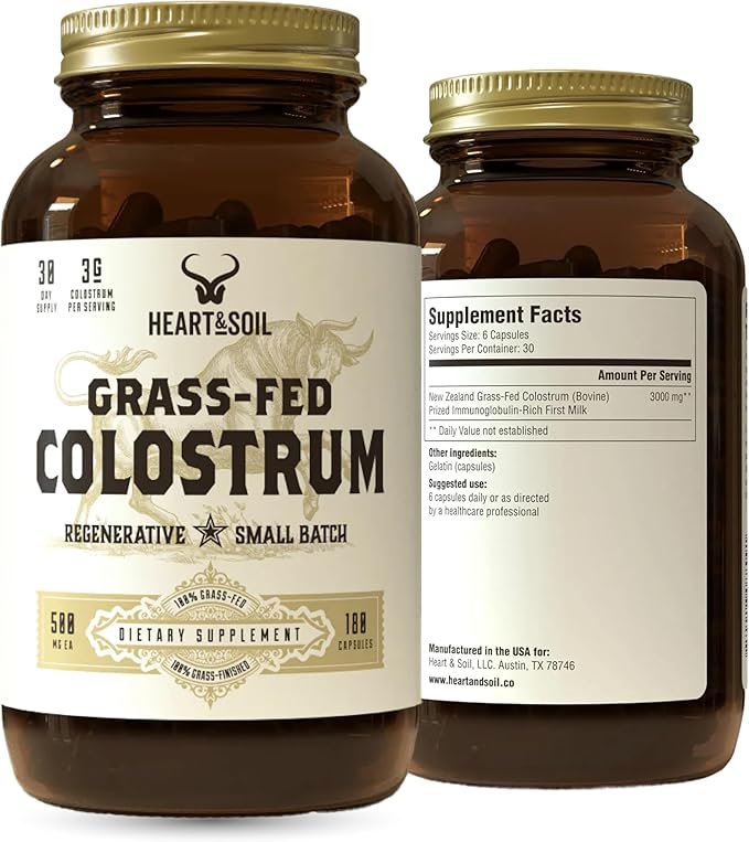 Complément de Colostrum 100% Nourri à l'Herbe HEART & SOIL Issu de Bétail d'Élevage Régénératif pour la Santé Intestinale, Musculaire et Immunitaire – Gélules de Colostrum Bovin 3000mg – Santé Intestinale pour Hommes et Femmes – 180 Gélules