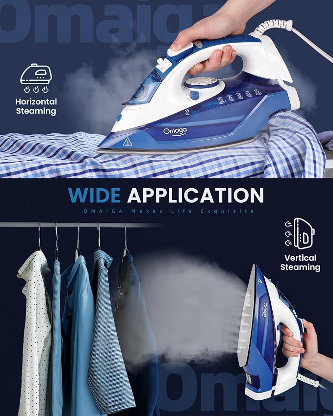 OMAIGA Steam Iron for Clothes, 1500W Clothes Iron with 3-Way Auto-Off, Non-Stick Ceramic Soleplate, Iron for Clothes with 11.84oz Water Tank, Self-Cleaning, Anti-calc, White