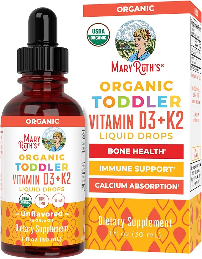 MaryRuth Organics Vitamine D3 | Vitamine K2 | Gouttes D3 K2 | Supplément Liquide Vitamine K2 D3 pour Tout-petits | Supplément pour Enfants pour l'Absorption du Calcium et des Os Forts | Vegan | Sans Gluten | 30 ml