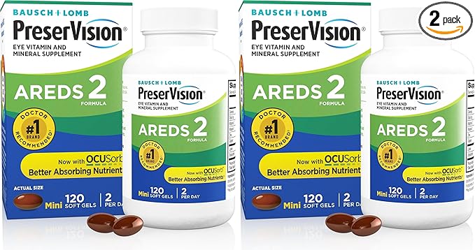 PreserVision AREDS 2 Eye Vitamins, #1 Eye Doctor Recommended Brand, Lutein and Zeaxanthin Supplement with Vitamin C, Vitamin E, Zinc, and Copper, Softgels (Minigels), 120 Count (Pack of 2)