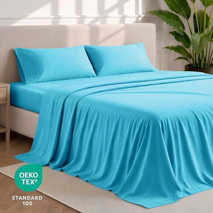 Bare Home Split Head Flex King Sheet Set - 1800 Ultra-Soft Microfiber Bed Sheets - Double Brushed - Deep Pockets - Easy Fit - 4 Piece Set - Bedding Sheets & Pillowcases (Aqua)
