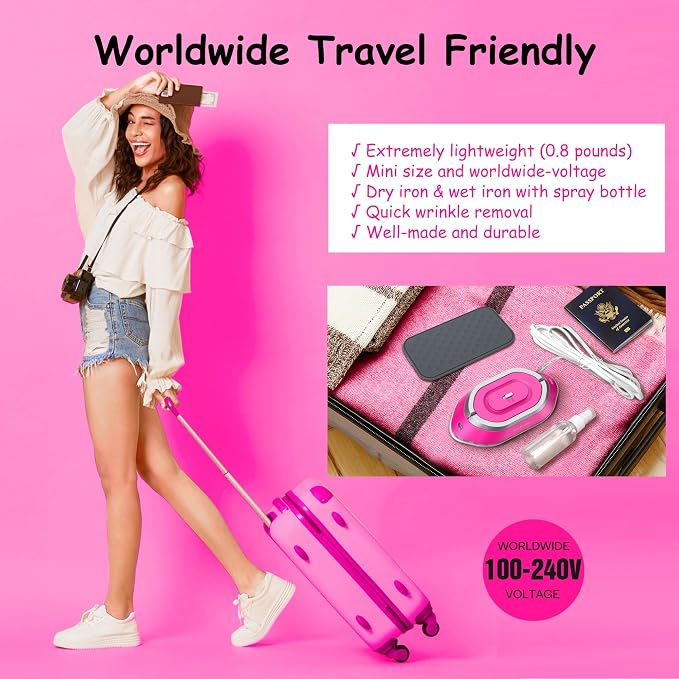 Newbealer Travel Iron Set, 100-240V Mini Dry Iron for Clothes (No Steam) | Max 300W, Heats in 60s, 302℉ Ceramic Soleplate, Handy Heat Press, 0.8lbs Lightweight for Quick Touch-ups Worldwide (Hotpink)