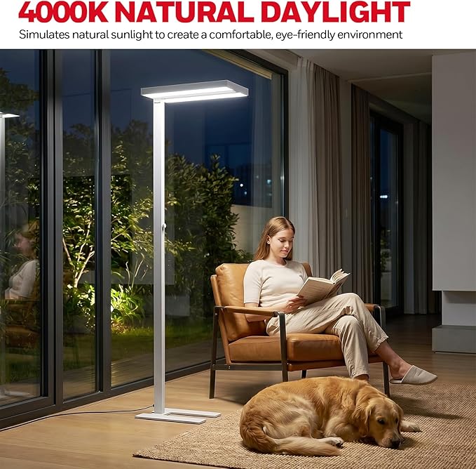 Honeywell 10400LM LED Floor Lamp, 02E Pro Sunturalux Eye-Caring Reading Standing Light, 100W Modern Natural Daylight 4000K Dimmable 77" Tall Floor Lamps for Living Room Kids Study Home Office
