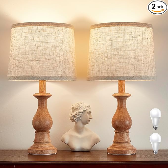 Vintage Table Lamp for Living Room Bedroom, 18.5" Farmhouse Bedside Lamps Nightstand Lamp Set of 2, Table Lamps with Oatmeal Linen Lamp Shades, 2 LED Bulbs Included, Wood Grain