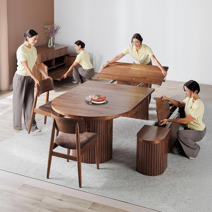 Transformer Table Round Sideboard Buffet Cabinet, Royal Brown | Hidden Drawers, Solid Wood, Integrated Table Panel Storage, Modern Dining Room