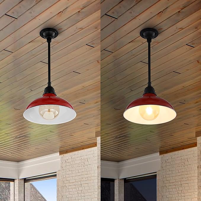 JONATHAN Y 12.25" Red/Black 1-Light Farmhouse Indoor/Outdoor LED Pendant Iron Hanging Light, and Black Metal Shade, Rustic Ceiling Lamp for Kitchen Island, LED Bulb Included (JYL7611E)