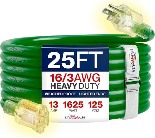 25ft Outdoor/Indoor Extension Cord 16/3 Gauge Heavy Duty 3 Prong SJTW, Waterproof, Flexible Cold-Resistant Long Power Cord,13A 125V 1625W, Green by LifeSupplyUSA