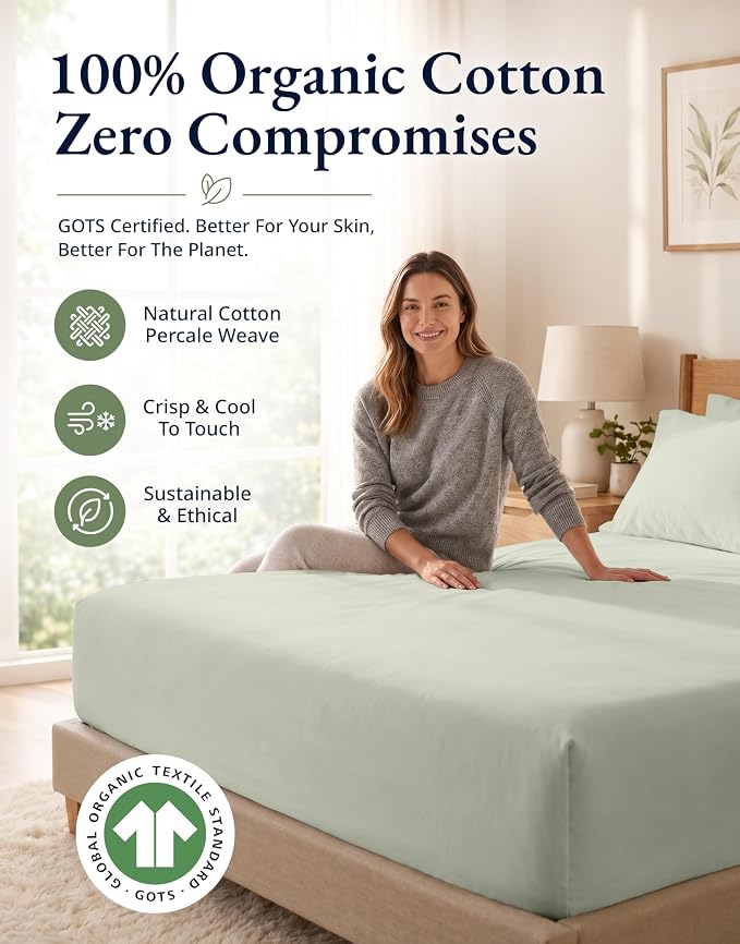 LANE LINEN 100% Organic Cotton Fitted Bed Sheets Queen Size (+Pillowcases) Soft & Comfy Percale Weave Fully Elasticized Low Pilling Fade Resistant Deep Pocket Fits Mattress Upto 15" - Mineral
