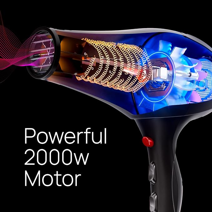 TREZORO Professional Hair Dryer, Ionic Ceramic Tourmaline Technology, 2000W Fast Quiet Drying, with Narrow & Wide Concentrator Nozzles, 3 Heat & 2 Speed Settings, Cool Shot Button, Black