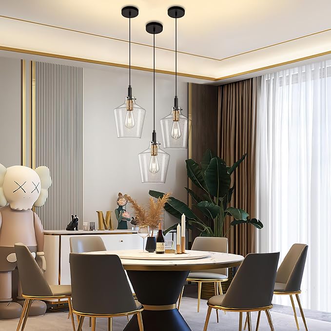 Modern Seeded Glass Pendant Lighting for Kitchen Island 1 Pack, Farmhouse Black and Gold Pendant Light Fixtures, Height Adjustable Ceiling Pendant Light, Angled Seeded Glass Shades 8 Inch