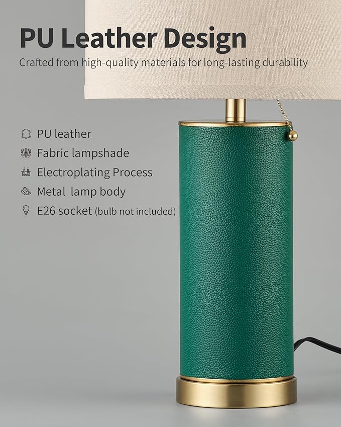 KDG 23.4" Green PU Leather Table Lamps for Living Room Set of 2, E26 Socket Modern Home Decor Fabric Lampshade Desk Lamp Lighitng for Bedroom, Bedside, Farmhouse, Nightstand, Night Light