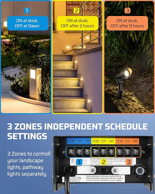 DEWENWILS 200W Low Voltage Transformer with 3 Independent Control Outputs, Landscape Transformer with Timer and Photocell Sensor, 120V AC to 12V/14V AC, Weatherproof, ETL Listed