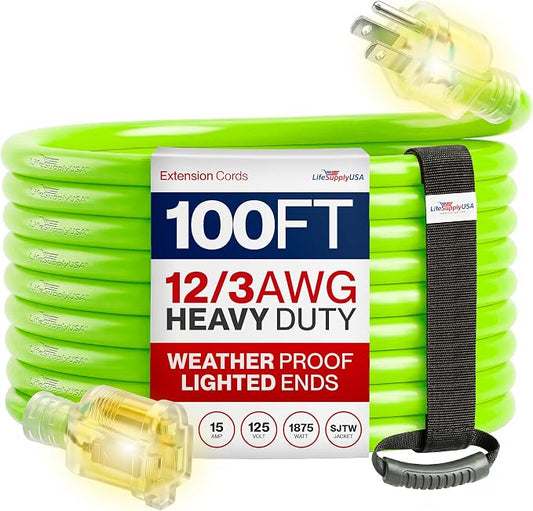 100ft Outdoor/Indoor Extension Cord 12/3 Gauge Extra Heavy Duty 3 Prong SJTW, Waterproof, Flexible Cold-Resistant Long Power Cord, 15A 125V 1875W, Neon Green by LifeSupplyUSA