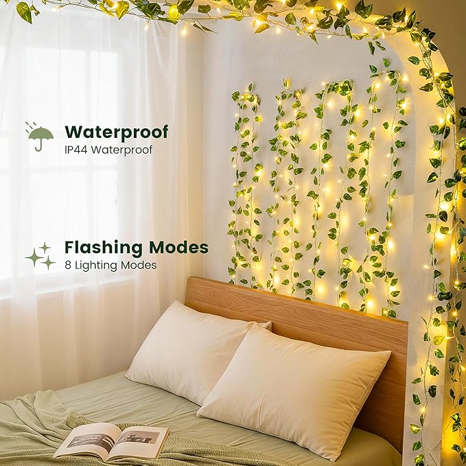 HEYFUNi Vines with Lights, 23 Ft 73 Led Faux Pothos String Lights Plug in, Leaf Lights for Bedroom, Wall, Balcony, Wedding Decor, Warm White