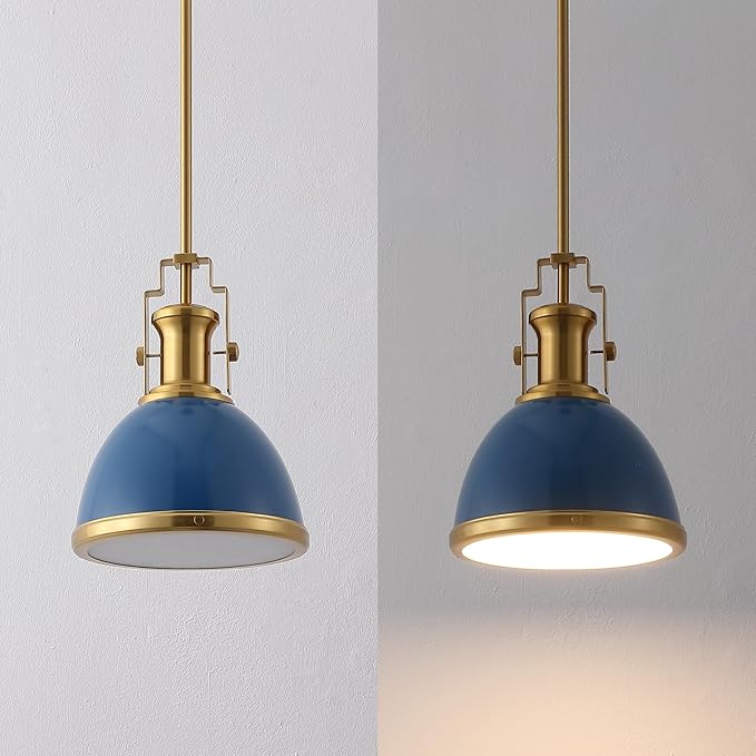 JONATHAN Y JYL9535G 10" Modern Industrial Dome Pendant Light, Farmhouse Hanging Light Fixture in Navy and Brass Gold, Adjustable Height Metal Lighting for Kitchen Island, Dining Room, Entryway