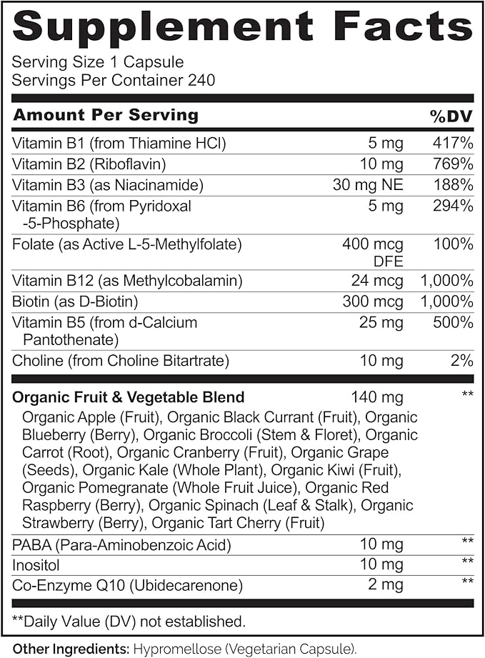 NATURELO Vitamin B Complex, 240 Capsules, Vegan, CoQ10, Methyl Folate, Biotin, Fruit & Veg Blend, Supports Energy and Healthy Stress Response, Super B Complex Vitamins for Women and Men