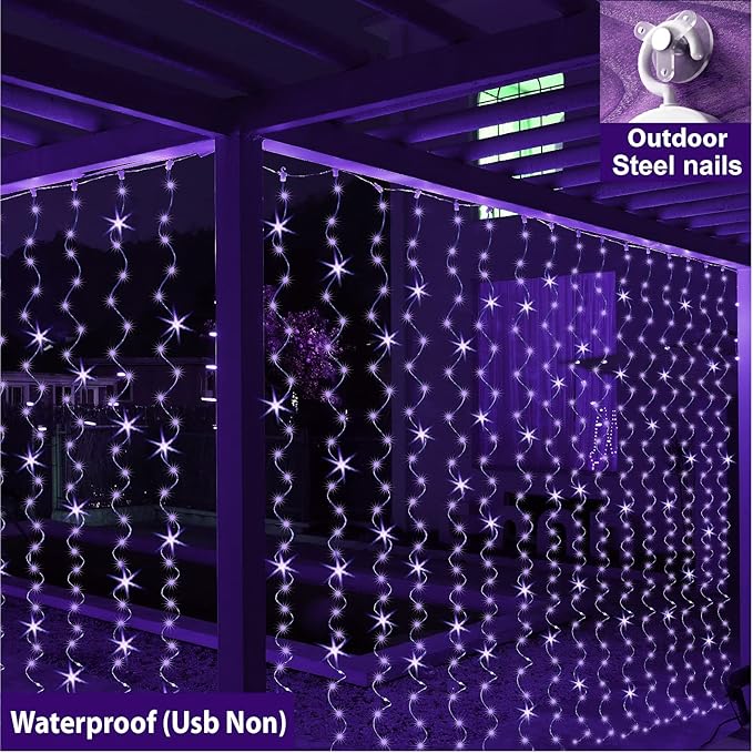 ZSJWL Curtain Lights, 300 LED Curtain Fairy Lights with Remote, 8 Modes 9.8 × 9.8 Ft Twinkle String Lights, Waterproof, USB Plug in, Copper Wire Lights for Bedroom Window Chrismas Party, Purple