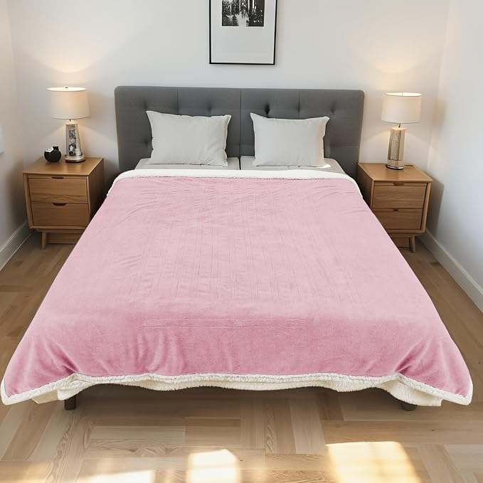 Electric Heated Blanket Twin Size 62"x84" – ETL Certified for Safe Overnight, 4 Heat Settings & 10H Auto Off, Dual-Sided Microplush Sherpa for Home Theater Night, Machine washable – Light Pink