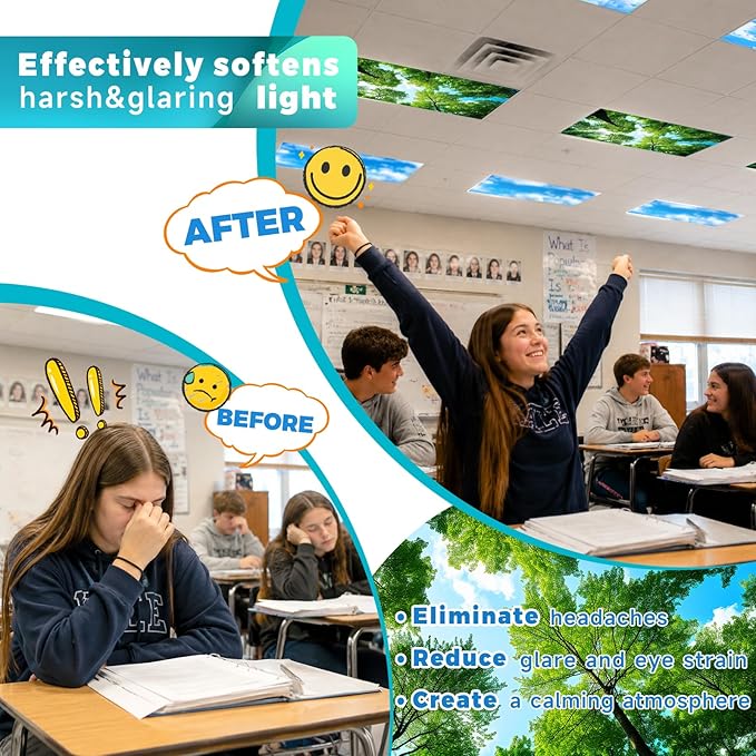 Aheroi 4-Pack Fluorescent Magnetic Light Covers - Mix Light Filters for Classroom Ceiling Lights (Forest & Blue Sky)