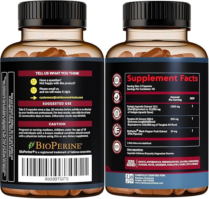 Fadogia Agrestis with Tongkat Ali + BioPerine® [Max Absorption + 2010 mg's] - Supports Stamina, Strength, Focus, Muscle Health & Recovery, Drive & Performance - Non-GMO & Made in USA - 120 V Capsules