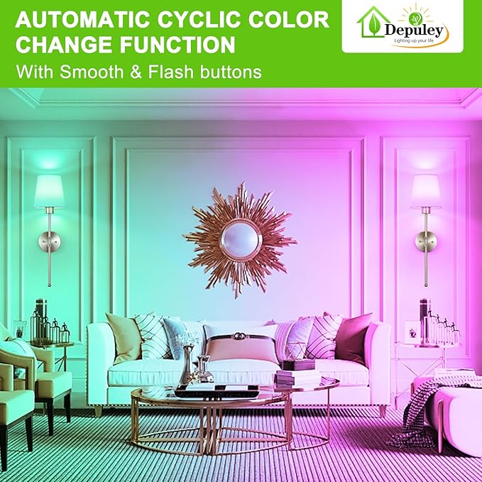 Depuley Battery Operated Wall Sconce: Set of 2 Wireless Wall Lights with Remote for Bedroom - Rechargeable 15 Colors Brushed Nickel Wall Lamp for Living Room Hallway Decor