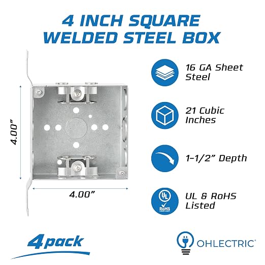 OHLECTRIC 4" Square Welded Electrical Box with Flush Mount Brackets (4-Pack) 1-1/2 Inch Deep Box with BX/MC Cable Clamp, ½ & ¾ Knockouts, Galvanized Steel, 21 Cu. in. Metal Junction Box