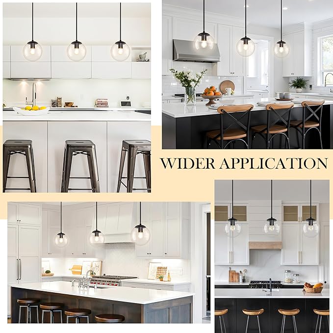 Bagood 8" Globe Pendant Light Black 2 Pack Mid Century Pendant Light Globe Pendant Lights Kitchen Island Matte Black Finished with Clear Glass Adjustable Ceiling Light Fixtures for Dining Room Bar