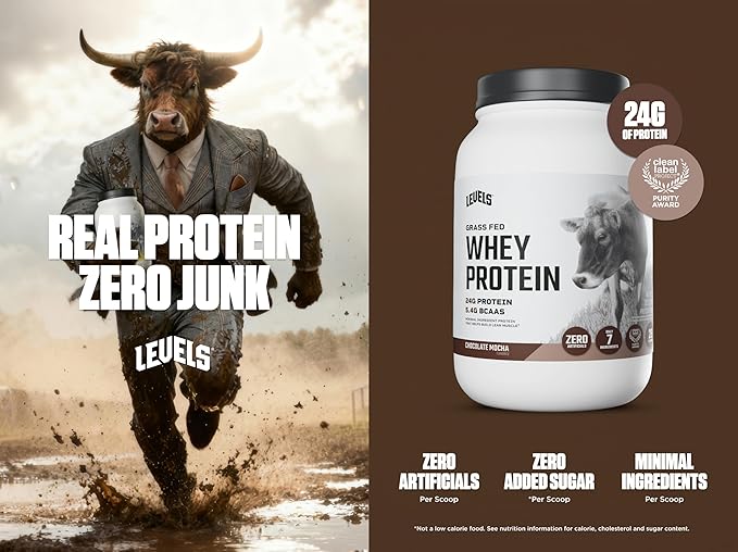 Levels Grass Fed Whey Protein Powder, No Artificials, 24G of Protein, Chocolate Mocha, 2LB