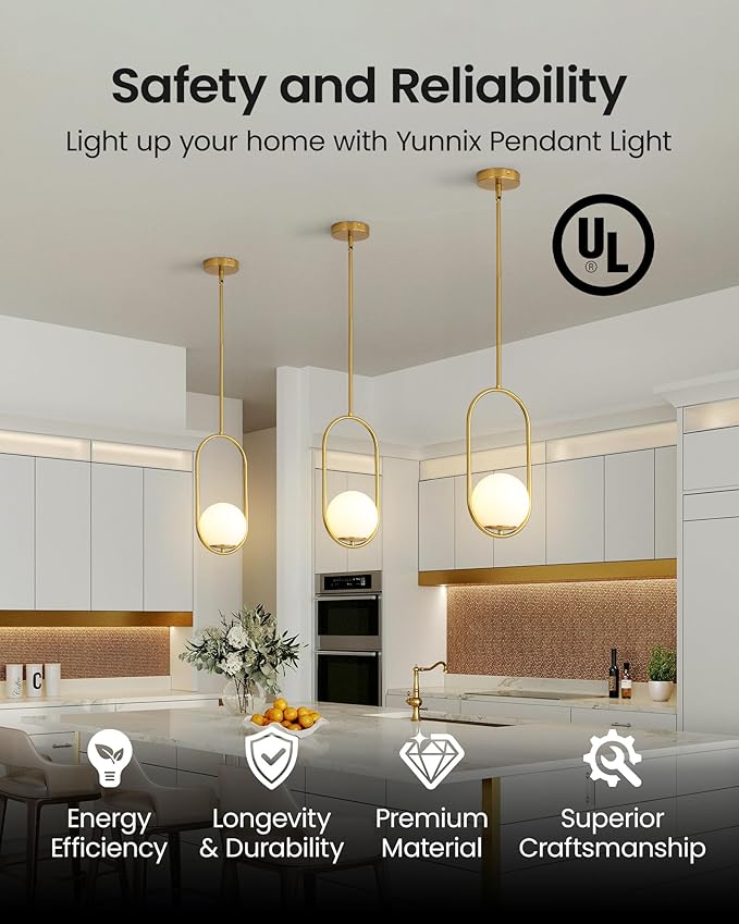 Yunnix Pendant Lights Kitchen Island, Pendant Light Fixtures, 2 Pack Modern Gold Globe Glass Pendant Lighting, Brass Mid Century Chandelier One Light for Bathroom Bedroom Dining Room