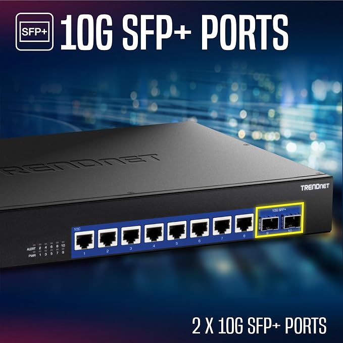 TRENDnet 10-Port 10G Unmanaged Switch, TEG-S7102, 8 x 10G RJ-45 Ports, 2 x 10G SFP+ Ports, 200Gbps Switching Capacity, Rackmount Design, Lifetime Protection, Black
