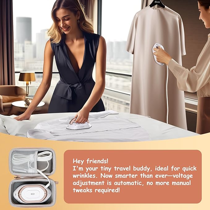 Newbealer Travel Iron Set, 100-240V Mini Dry Iron for Clothes (No Steam) | Max 300W, Heats in 60s, 302℉ Ceramic Soleplate, Handy Heat Press, 0.8lbs Lightweight for Quick Touch-ups, Gold with Hard Case