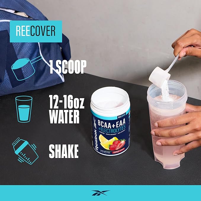 Reebok REEcover Amino Acids + Electrolytes | 8g EAAs, 5g BCAAs, Hydration Matrix | Muscle Recovery, Strength | Post-Workout Support | 30 Servings | Strawberry Lemonade