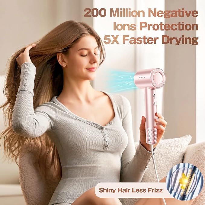 Labiim Hair Dryer, High-Speed Ionic Blow Dryer 110,000 RPM Brushless Motor for Fast Drying, 200M Ions Frizz & Thermo-Control HairDryer with Magnetic Nozzle, Quiet Compact for Home Travel,Rose