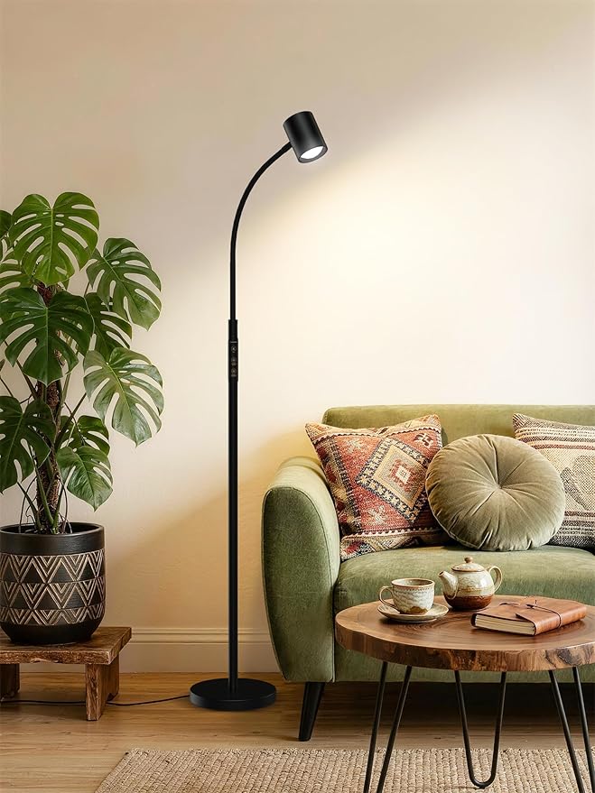 Reading Floor Lamp, 62" Tall LED Floor Lamp, Dimmable Standing Lamp, 7 Brightness & 4 Color Temperature, Adjustable Gooseneck, Touch Control, Task Craft Light for Living Room Bedroom Office,Black