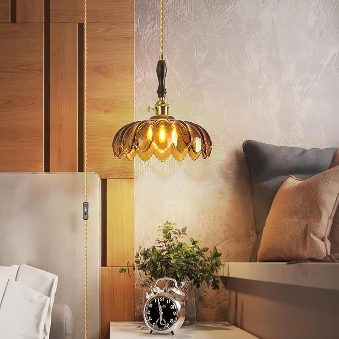 Modern Tawny Plug in Glass Pendant Light Retro Flower Glass Hanging Lamp Gold Brass Decorative Adjustable Ceiling Hanging Light Suitable for Kitchen Island Bedroom Dining Room Living Room