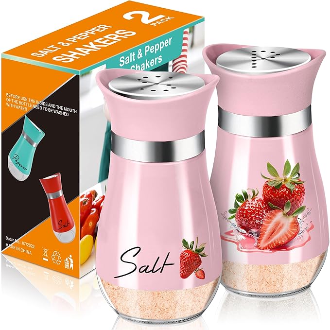 2 Pack Strawberries Salt and Pepper Shakers,4 oz Cute Stainless Steel Glass Containers,Suitable for Kitchen Theme Decor Sets,Camping,BBQ(Pink)