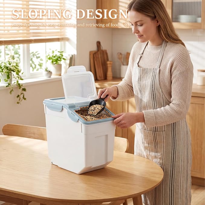Rice Storage Container 55 lbs, Airtight Flour Storage Container w/ 6 Snaps & Silicone Seal, Slanted Open & Clear Lid, 2 Wheels for Easy Move,Food & Cereal Storage,Cooking 2-Pack w/ Measuring Cup Blue