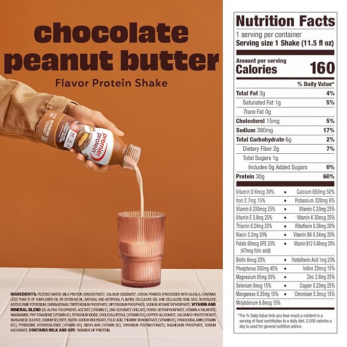 Premier Protein Shake, Chocolate Peanut Butter, 30g Protein, No Added Sugar, 24 Vitamins & Minerals to Support Immune Health, 11.5 fl oz, 12 Pack