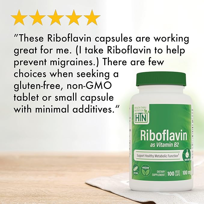 Health Thru Nutrition Riboflavine 100mg Vitamine B2 100 Végécaps | Soutient une fonction métabolique énergétique saine et le système nerveux | Testé par des tiers | Sans OGM, soja et gluten, hypoallergénique