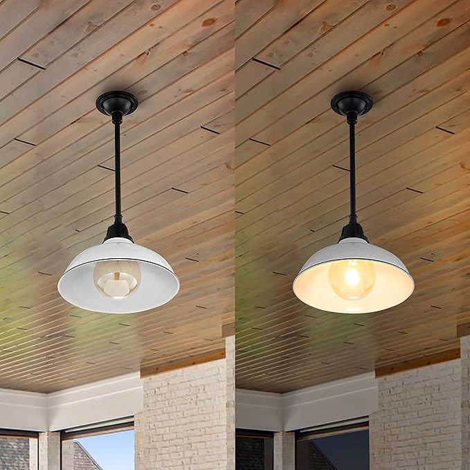 JONATHAN Y 12.25" White/Black 1-Light Farmhouse Indoor/Outdoor LED Pendant Iron Hanging Light, and Black Metal Shade, Rustic Ceiling Lamp for Kitchen Island, LED Bulb Included JYL7611A