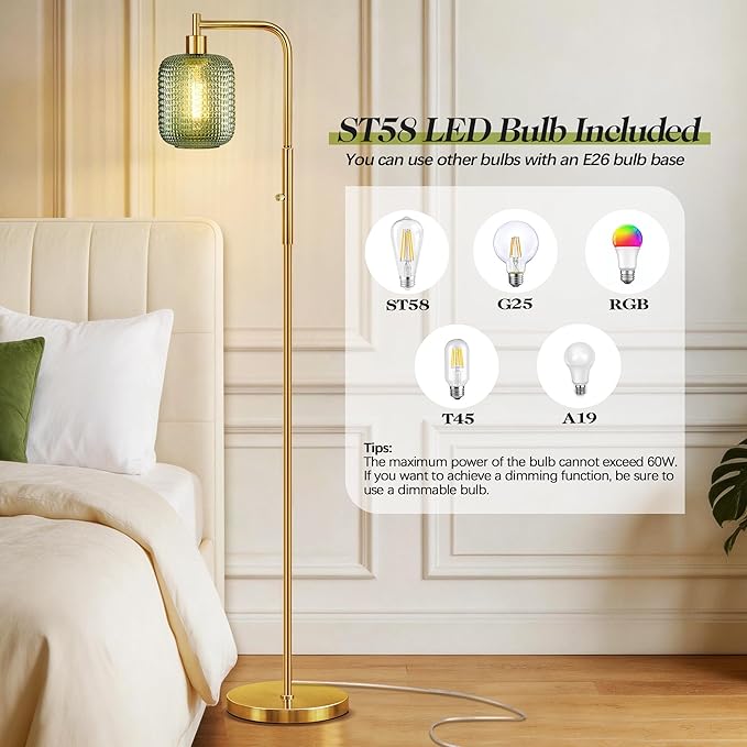 QiMH Floor Lamps for Living Room, Gold Standing lamp with Green Glass Lamp Shade, 67" Tall lamp with Rotary Switch, Dimmable Floor Lamp for Bedroom Office, 2700K Bulb Included