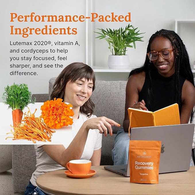 For Wellness Recovery Gummies | Tangerine Eye & Brain Support Supplements with Lutemax 2020®, Lutein, Zeaxanthin, Vitamin A & Cordyceps for Vision, Memory & Stress Support | Vegan, Non-GMO, 90 Count
