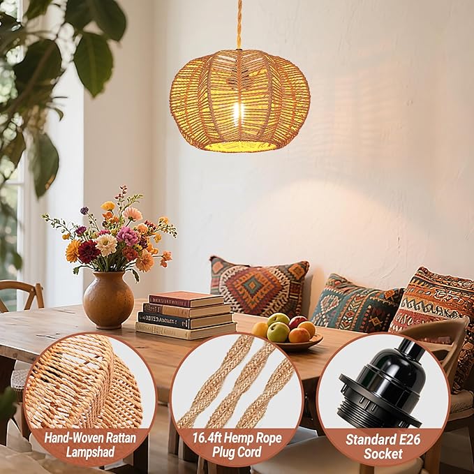 Hanging Lights with Plug in Cord Rattan Hanging Lamp Boho Ceiling Light Fixtures Farmhouse Pendant Lamp Shape for Living Room Bedroom Kitchen
